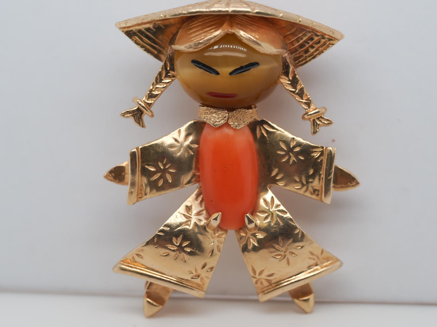 14K Yellow Gold Coral and Tigers Eye Brooch of Person