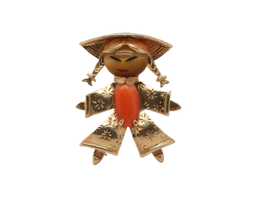 14K Yellow Gold Coral and Tigers Eye Brooch of Person