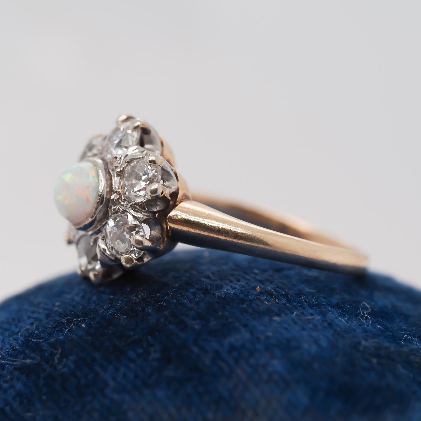 14K Yellow Gold and Platinum Edwardian Opal and Old Mine Diamond Halo Ring