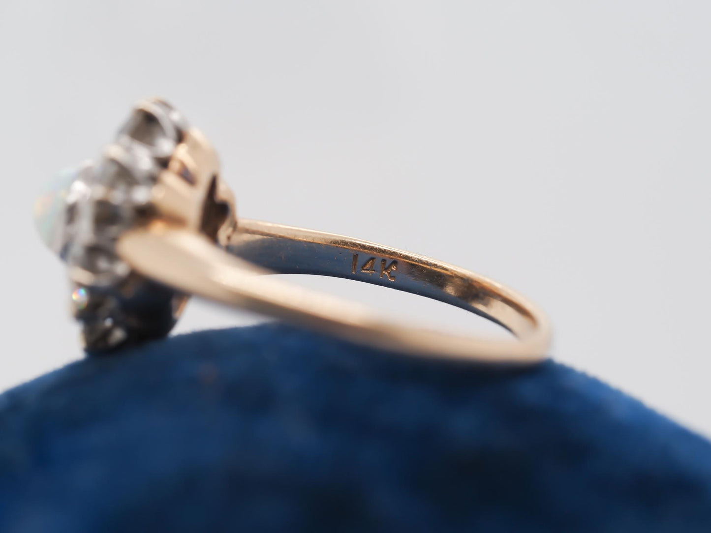 14K Yellow Gold and Platinum Edwardian Opal and Old Mine Diamond Halo Ring