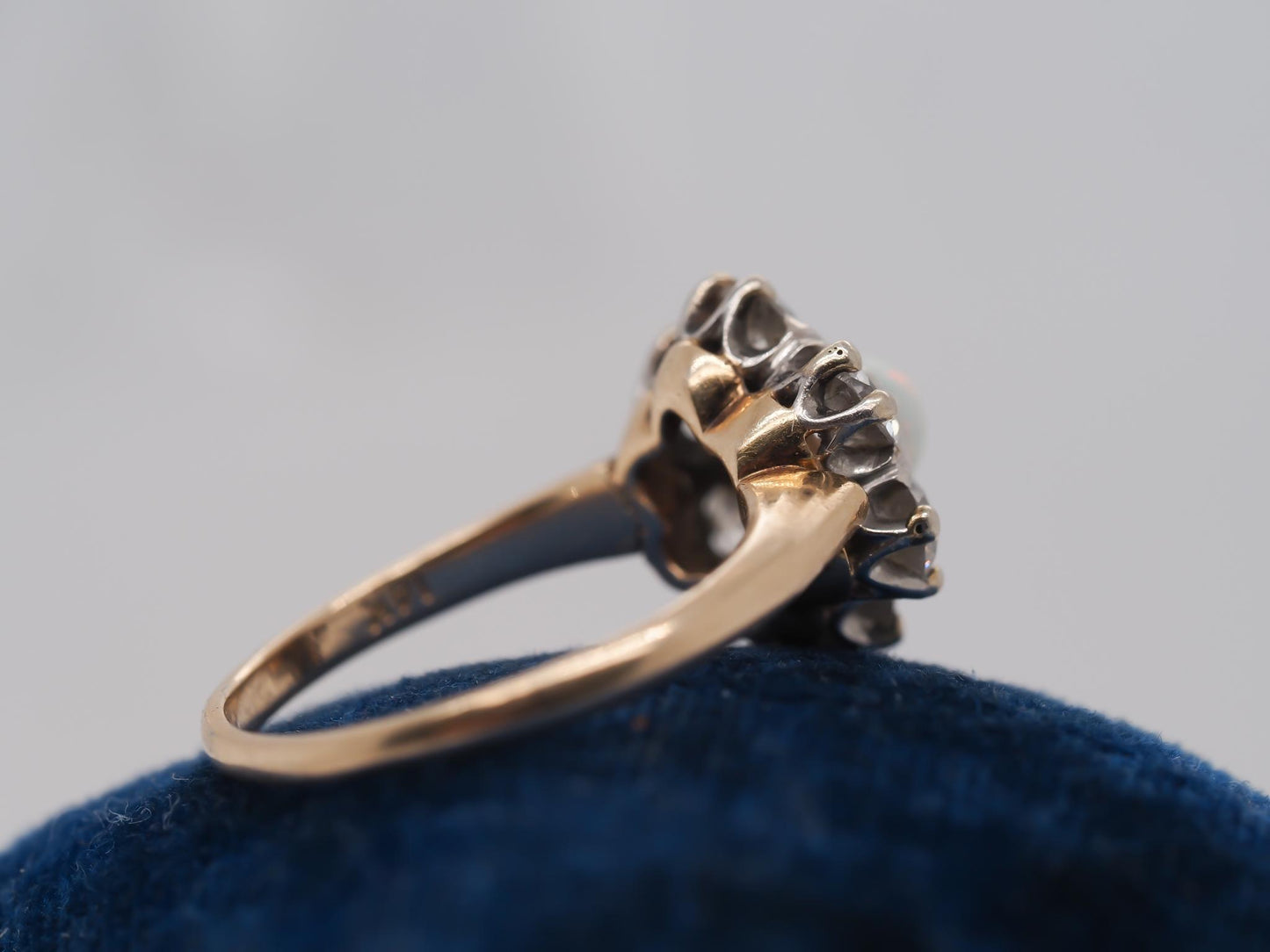 14K Yellow Gold and Platinum Edwardian Opal and Old Mine Diamond Halo Ring