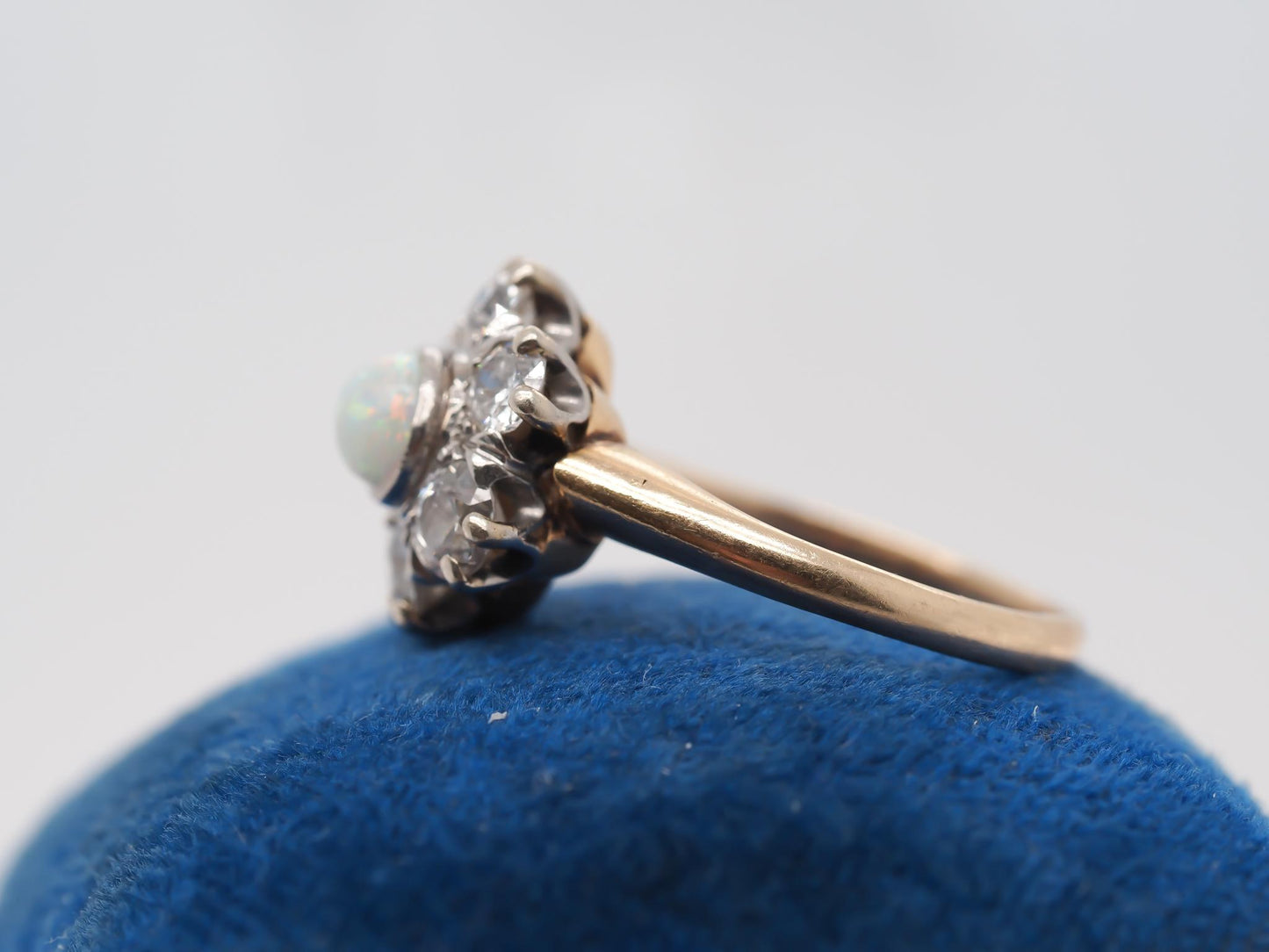 14K Yellow Gold and Platinum Edwardian Opal and Old Mine Diamond Halo Ring