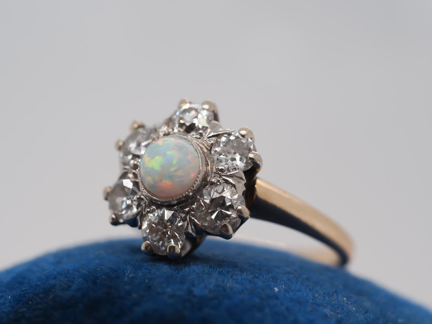14K Yellow Gold and Platinum Edwardian Opal and Old Mine Diamond Halo Ring