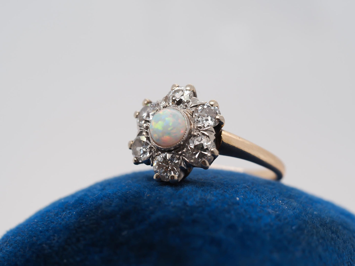 14K Yellow Gold and Platinum Edwardian Opal and Old Mine Diamond Halo Ring