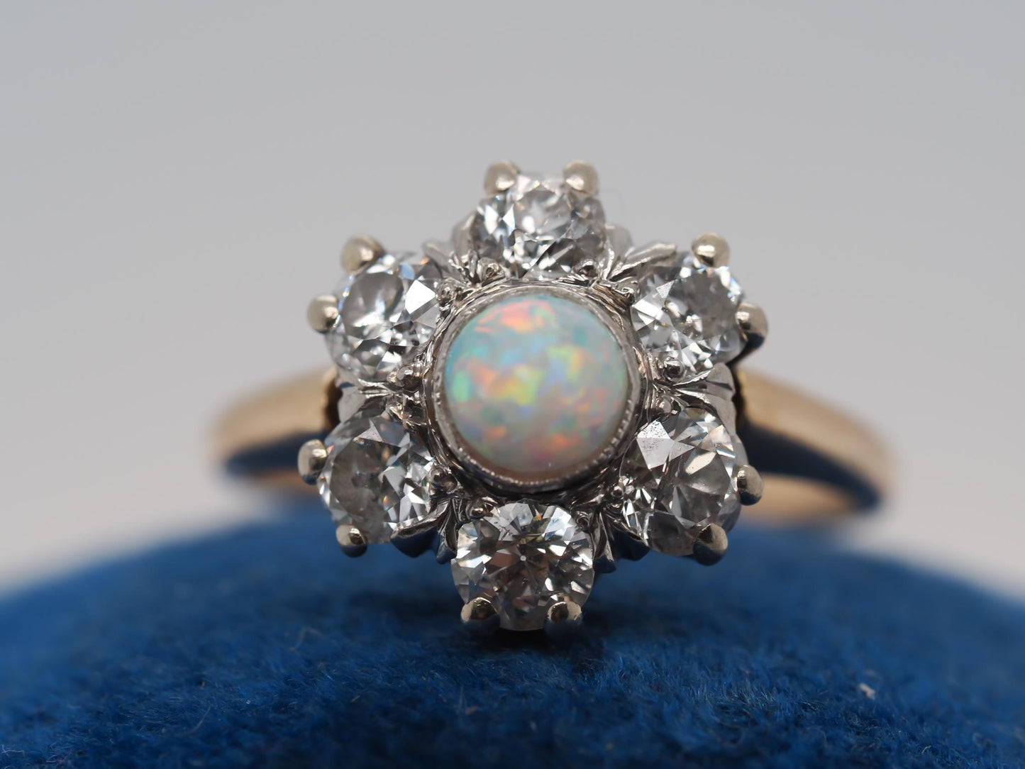14K Yellow Gold and Platinum Edwardian Opal and Old Mine Diamond Halo Ring