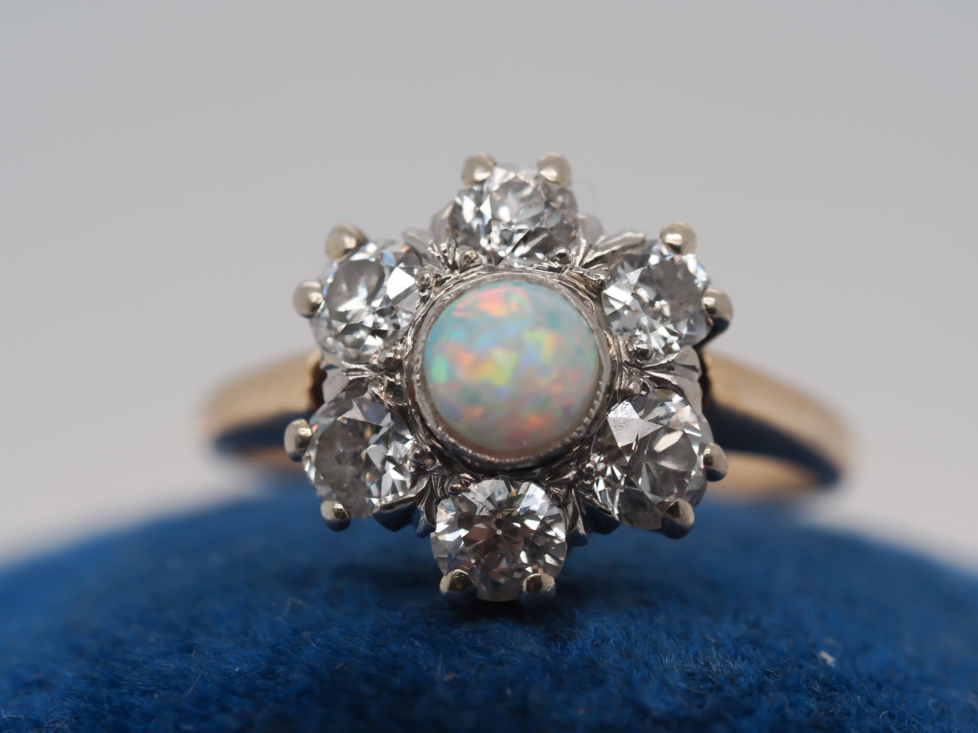 14K Yellow Gold and Platinum Edwardian Opal and Old Mine Diamond Halo Ring