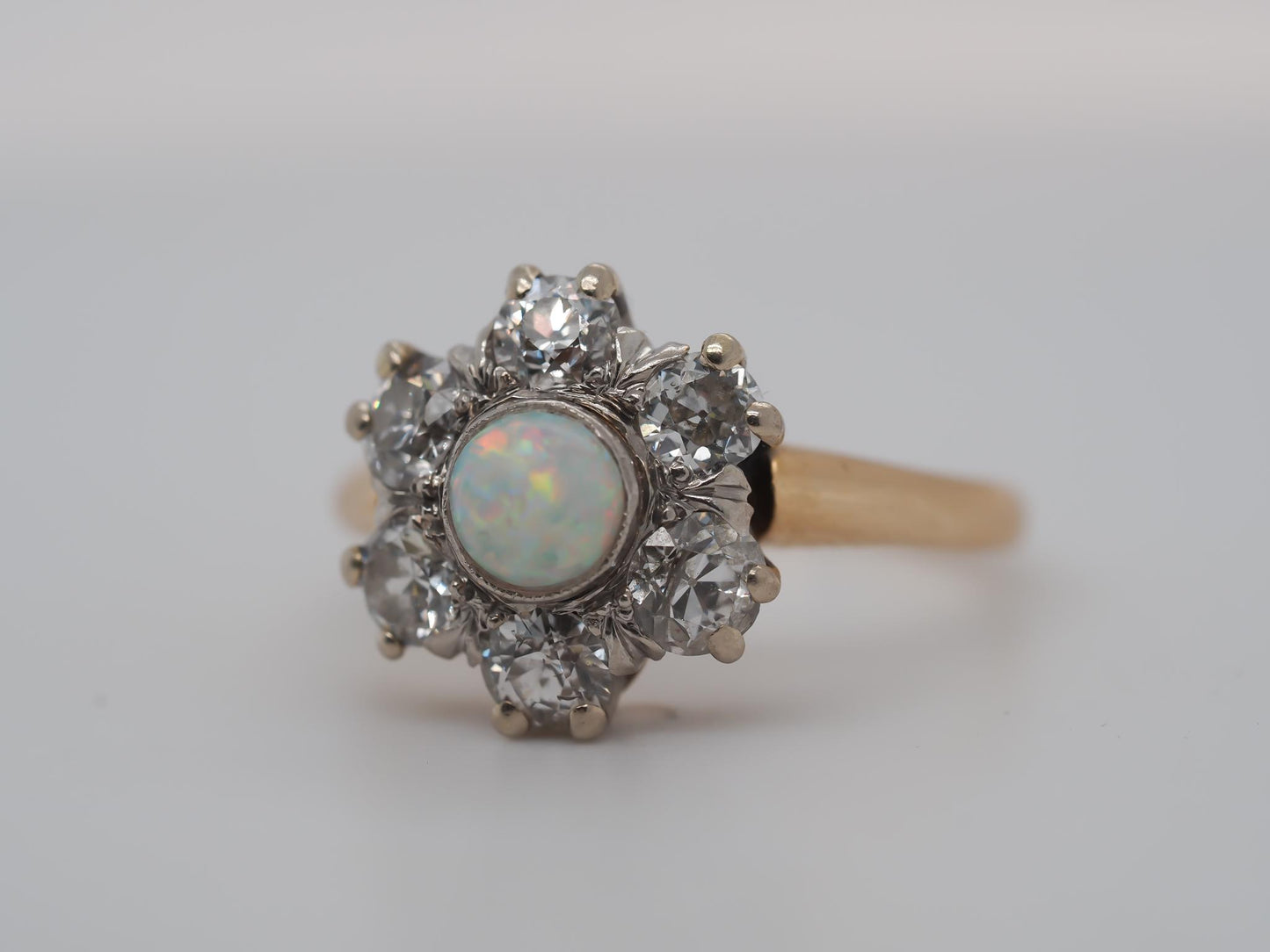 14K Yellow Gold and Platinum Edwardian Opal and Old Mine Diamond Halo Ring