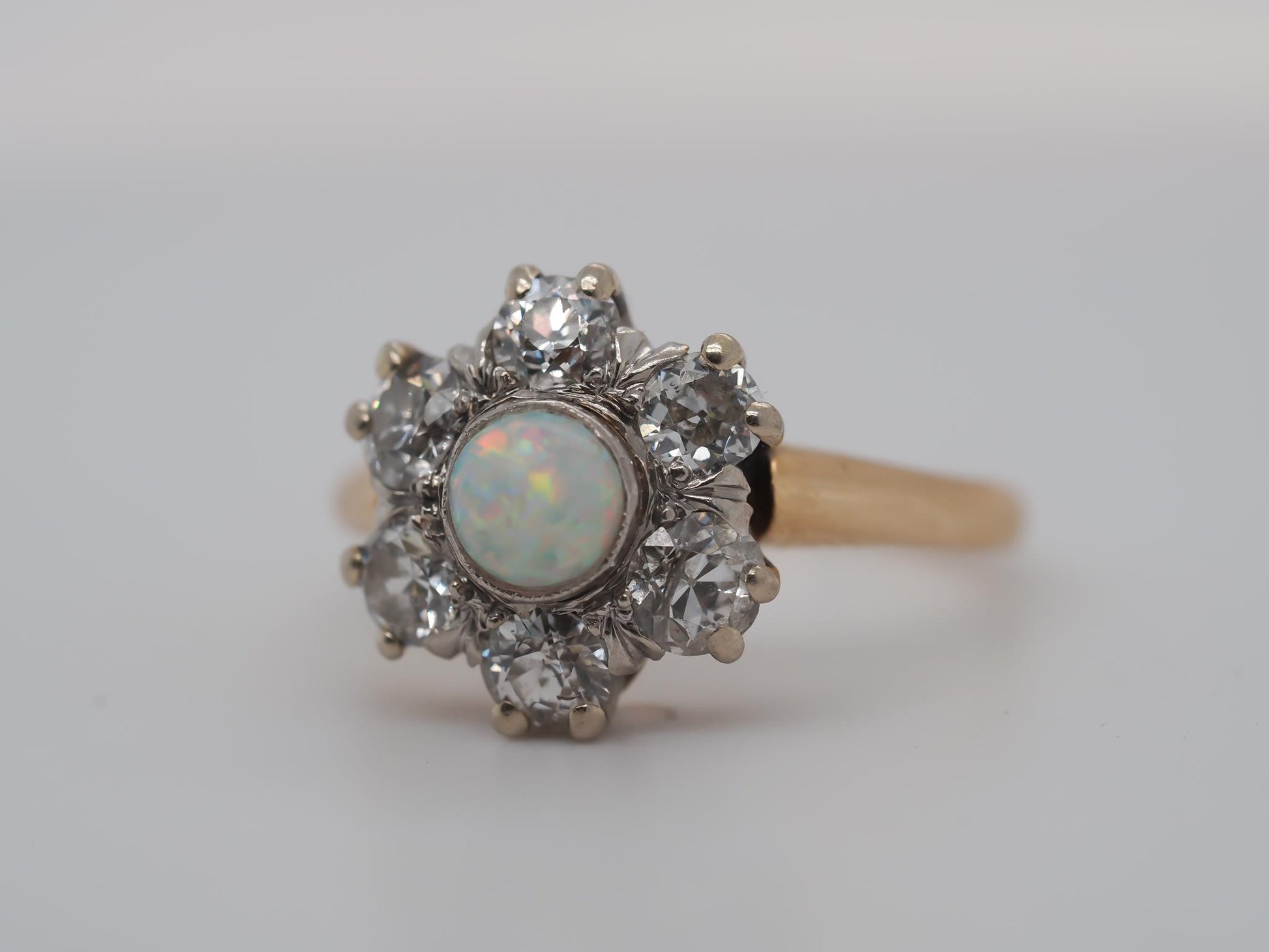 14K Yellow Gold and Platinum Edwardian Opal and Old Mine Diamond Halo Ring