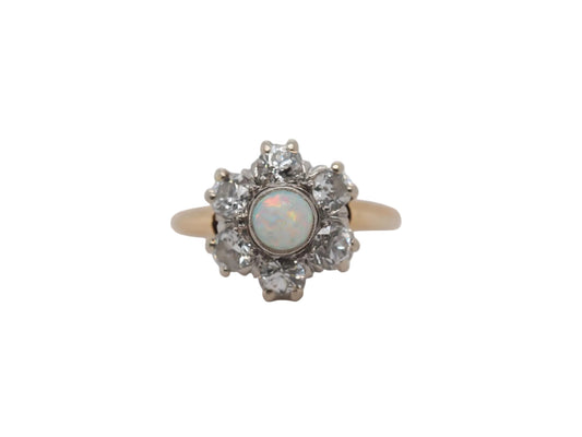 14K Yellow Gold and Platinum Edwardian Opal and Old Mine Diamond Halo Ring