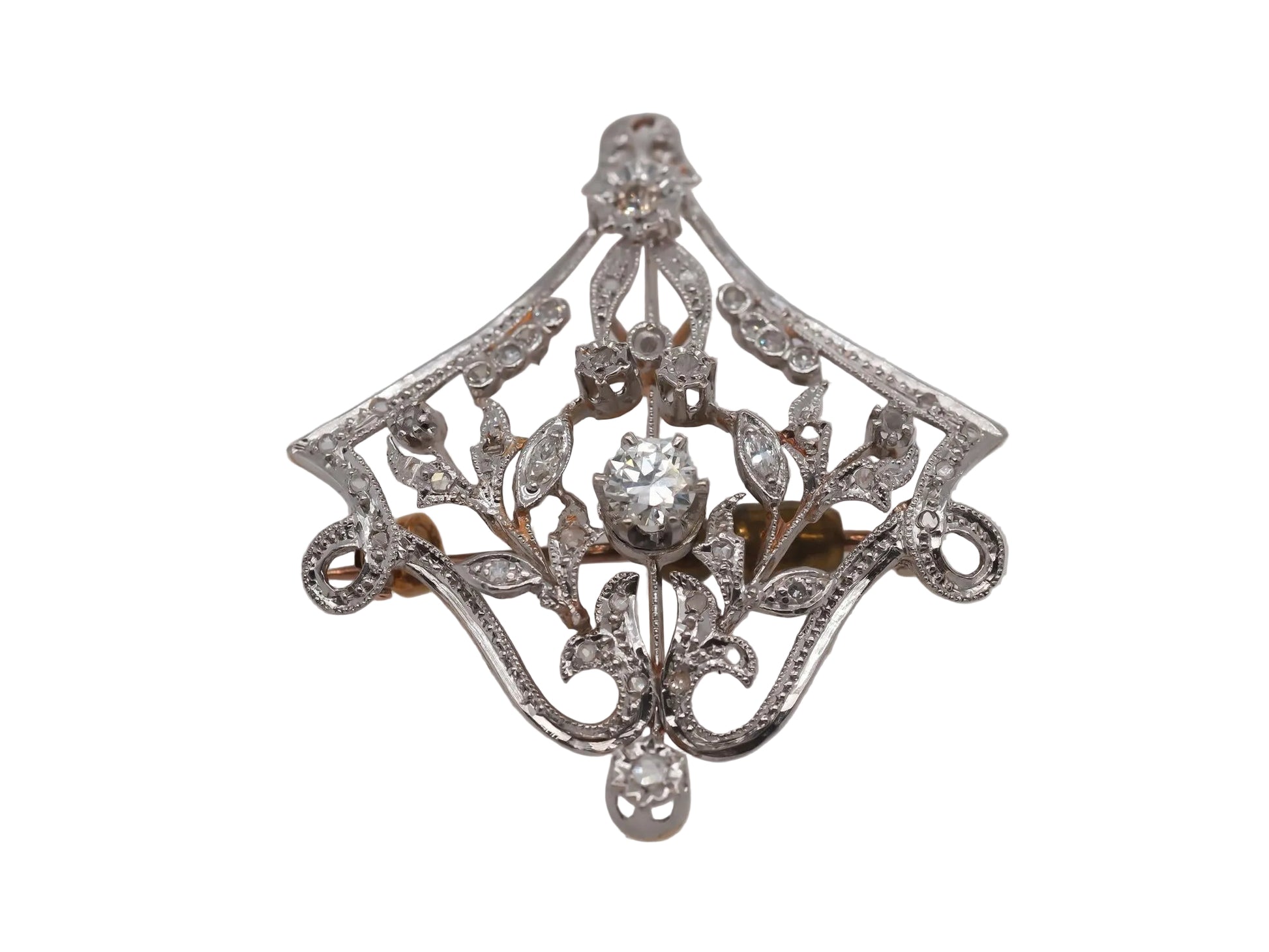 1940s 14K Yellow Gold and White Gold Old European Diamond Pendant and Brooch