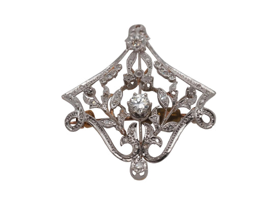 1940s 14K Yellow Gold and White Gold Old European Diamond Pendant and Brooch