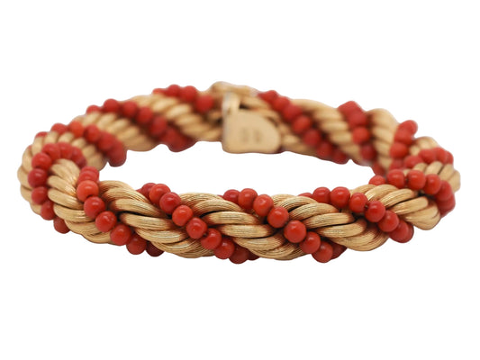 Vintage 18K Yellow Gold Coral Bead Braided Bracelet