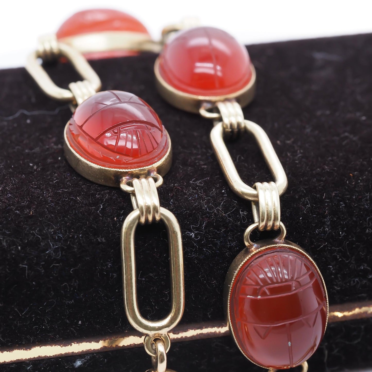 Vintage 1940s 14K Yellow Gold Carnelian Scarab Link Bracelet - VHK#759