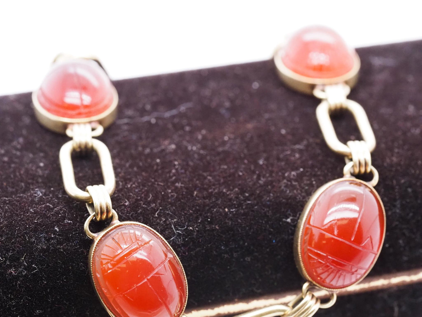 Vintage 1940s 14K Yellow Gold Carnelian Scarab Link Bracelet - VHK#759