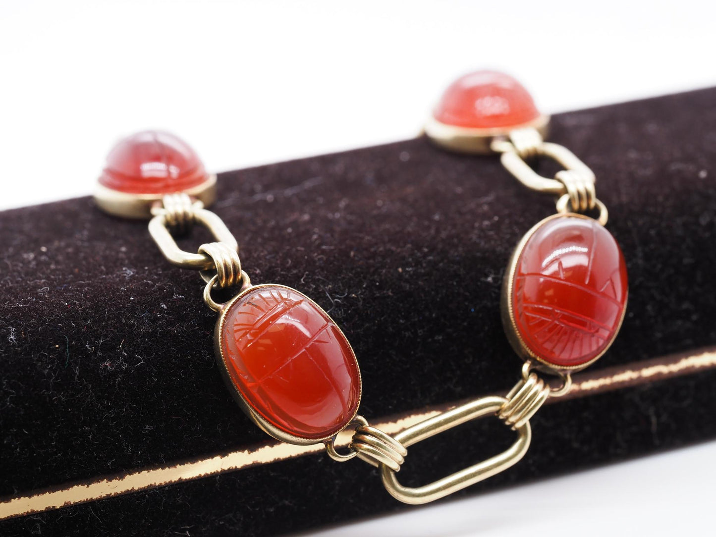 Vintage 1940s 14K Yellow Gold Carnelian Scarab Link Bracelet - VHK#759