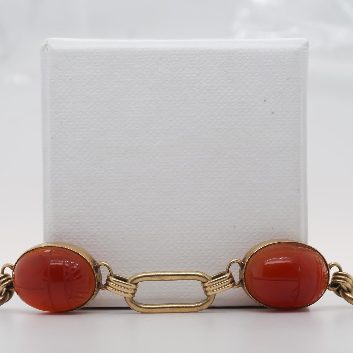 Vintage 1940s 14K Yellow Gold Carnelian Scarab Link Bracelet - VHK#759