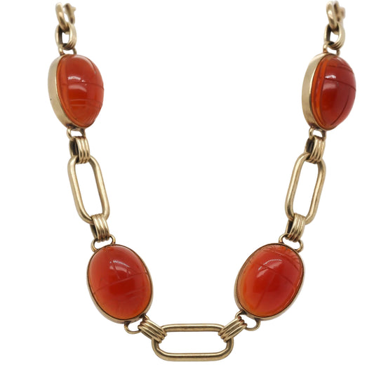 Vintage 1940s 14K Yellow Gold Carnelian Scarab Link Bracelet - VHK#759
