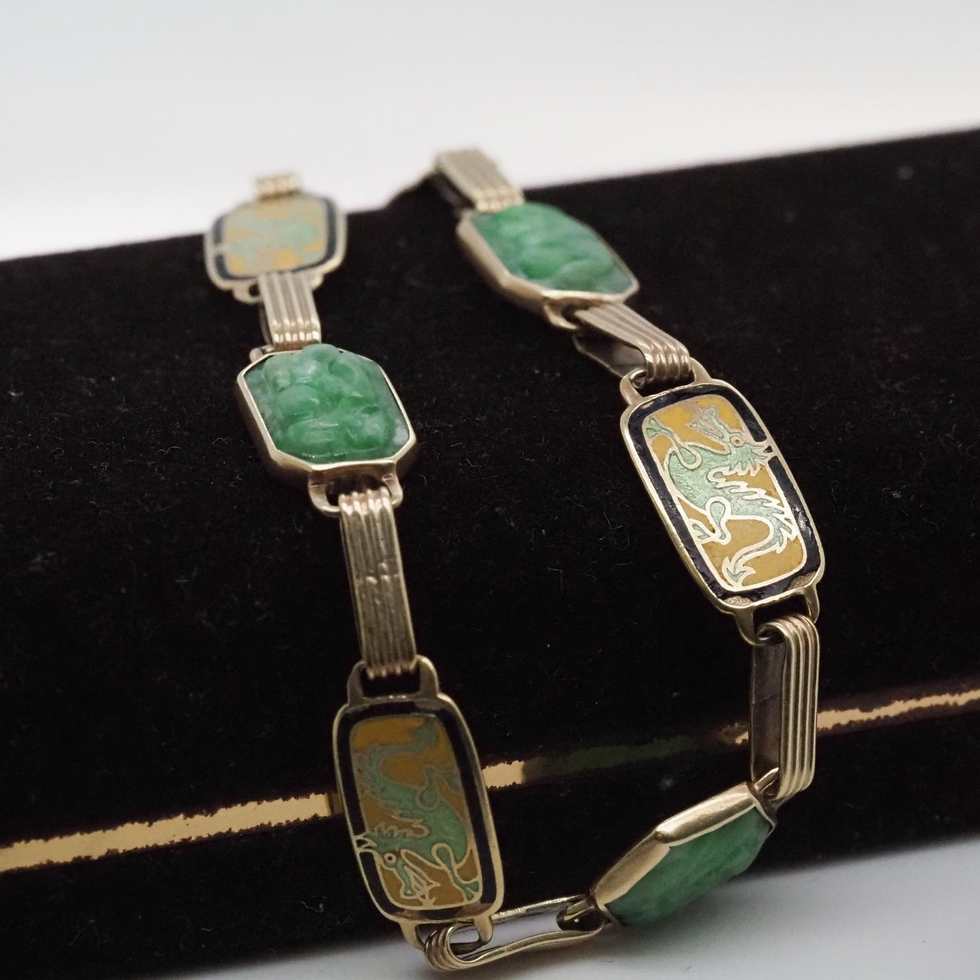 Vintage 14K Yellow Gold Carved Jade and Enamel Dragon Bracelet - VHK#760