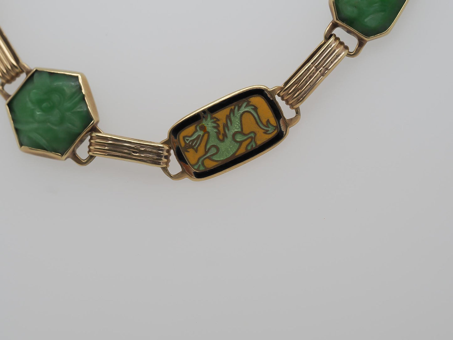 Vintage 14K Yellow Gold Carved Jade and Enamel Dragon Bracelet - VHK#760
