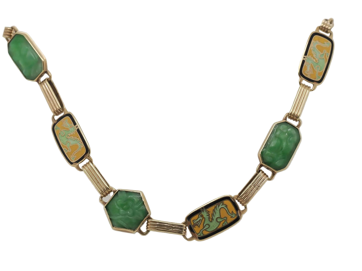 Vintage 14K Yellow Gold Carved Jade and Enamel Dragon Bracelet - VHK#760