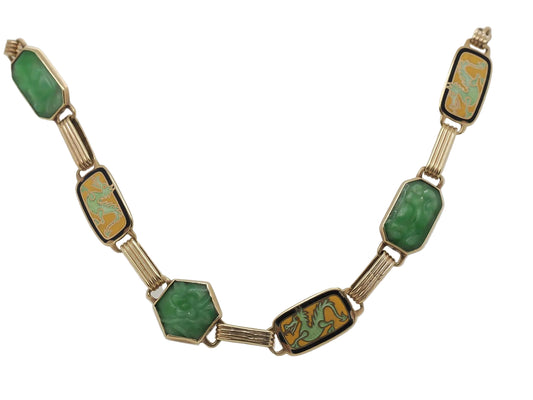 Vintage 14K Yellow Gold Carved Jade and Enamel Dragon Bracelet - VHK#760
