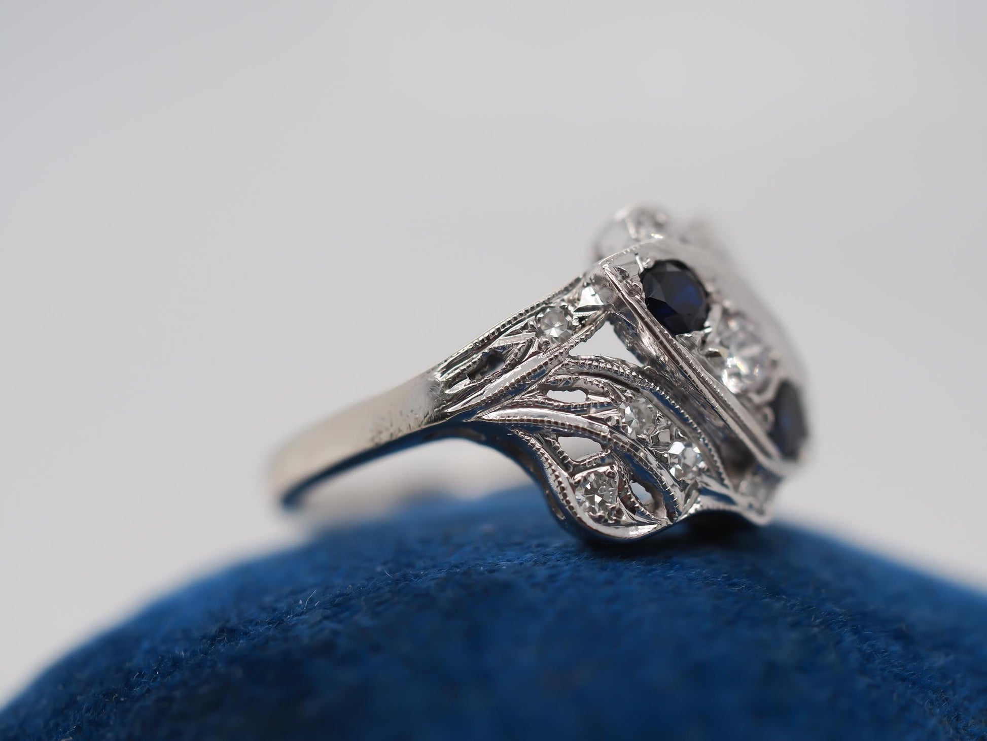 Circa 1940s 14K White Gold Sapphire and Diamond Ring - VHK#849
