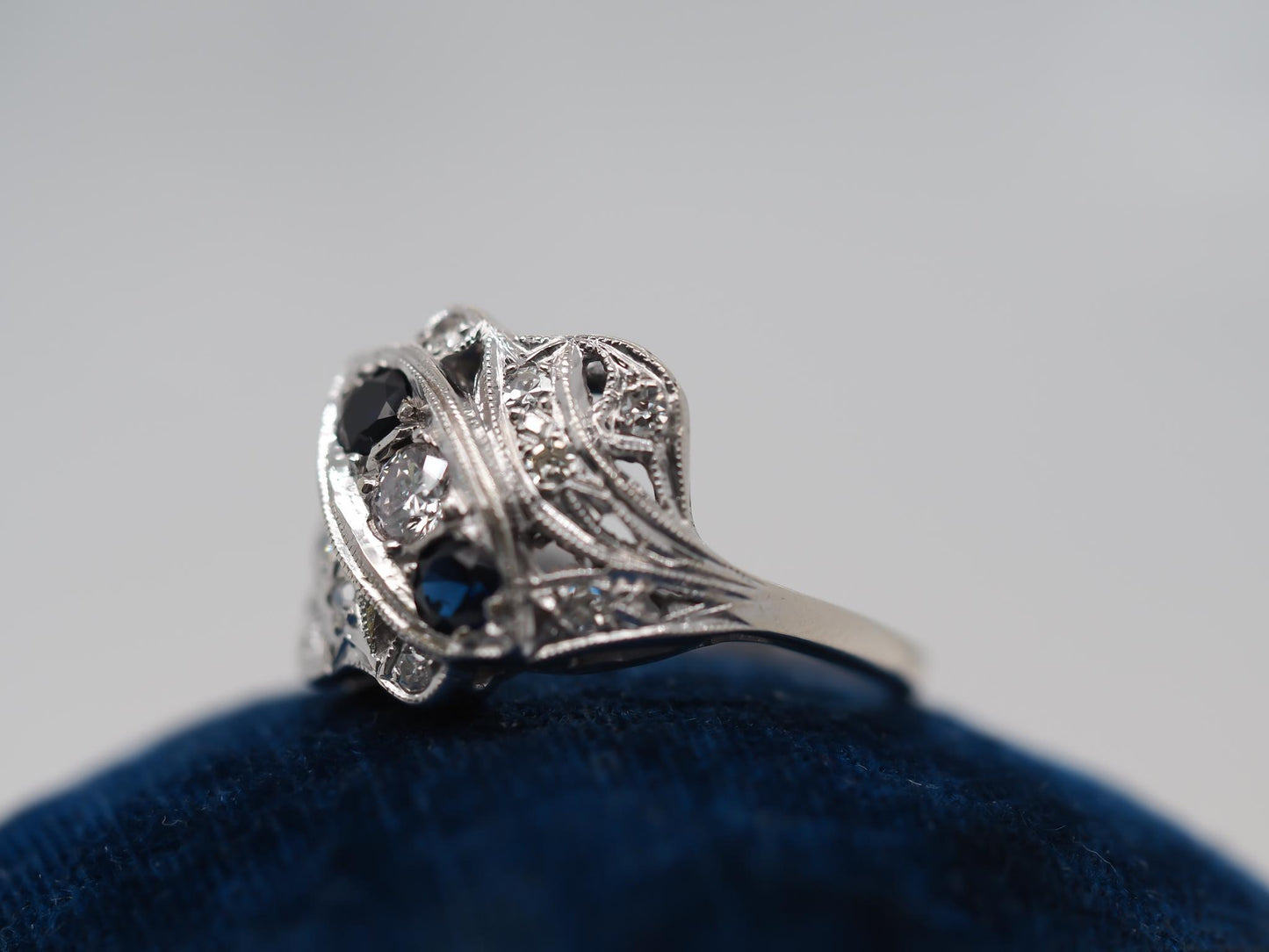 Circa 1940s 14K White Gold Sapphire and Diamond Ring - VHK#849