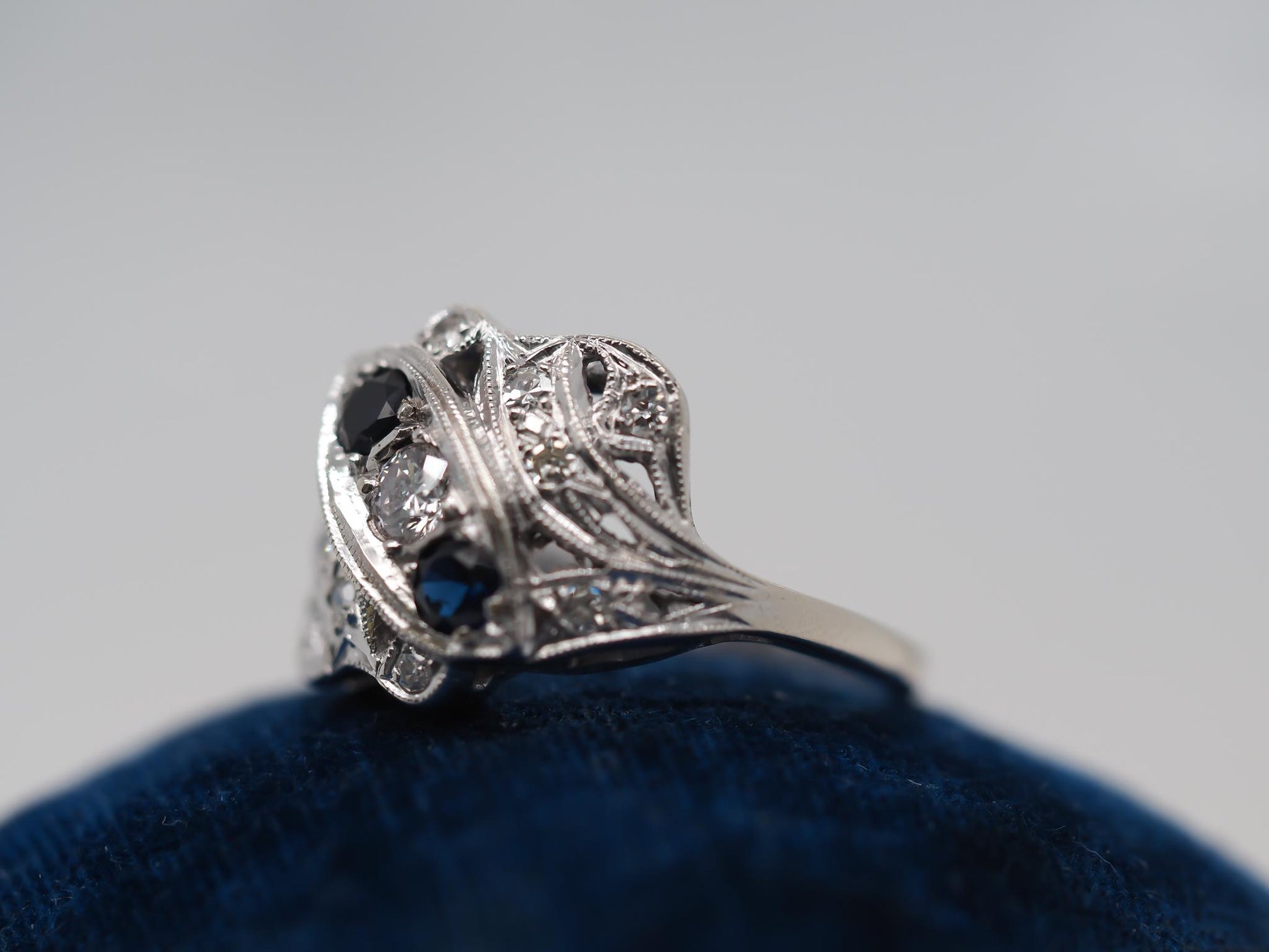 Circa 1940s 14K White Gold Sapphire and Diamond Ring - VHK#849