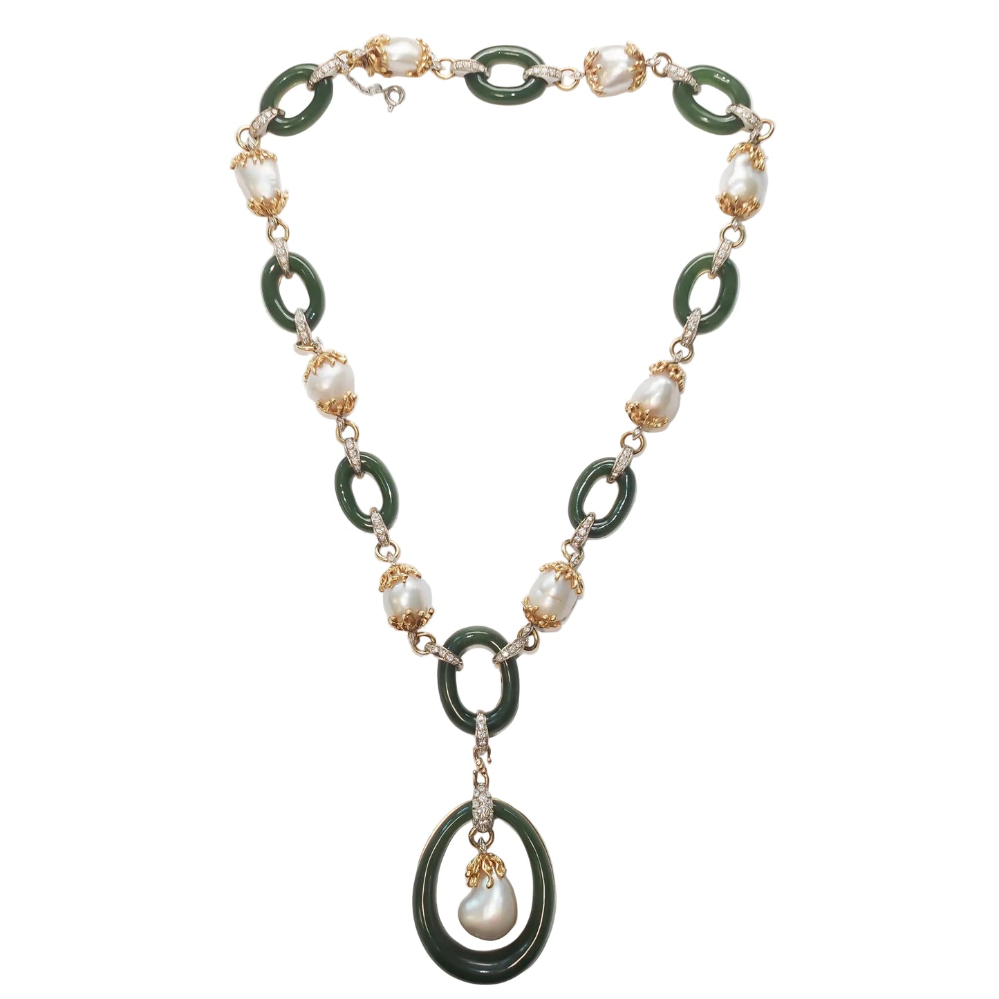 Vintage 1960s 18K Yellow Gold Jade, Pearl and Diamond Necklace - VHK#775