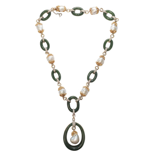 Vintage 1960s 18K Yellow Gold Jade, Pearl and Diamond Necklace - VHK#775