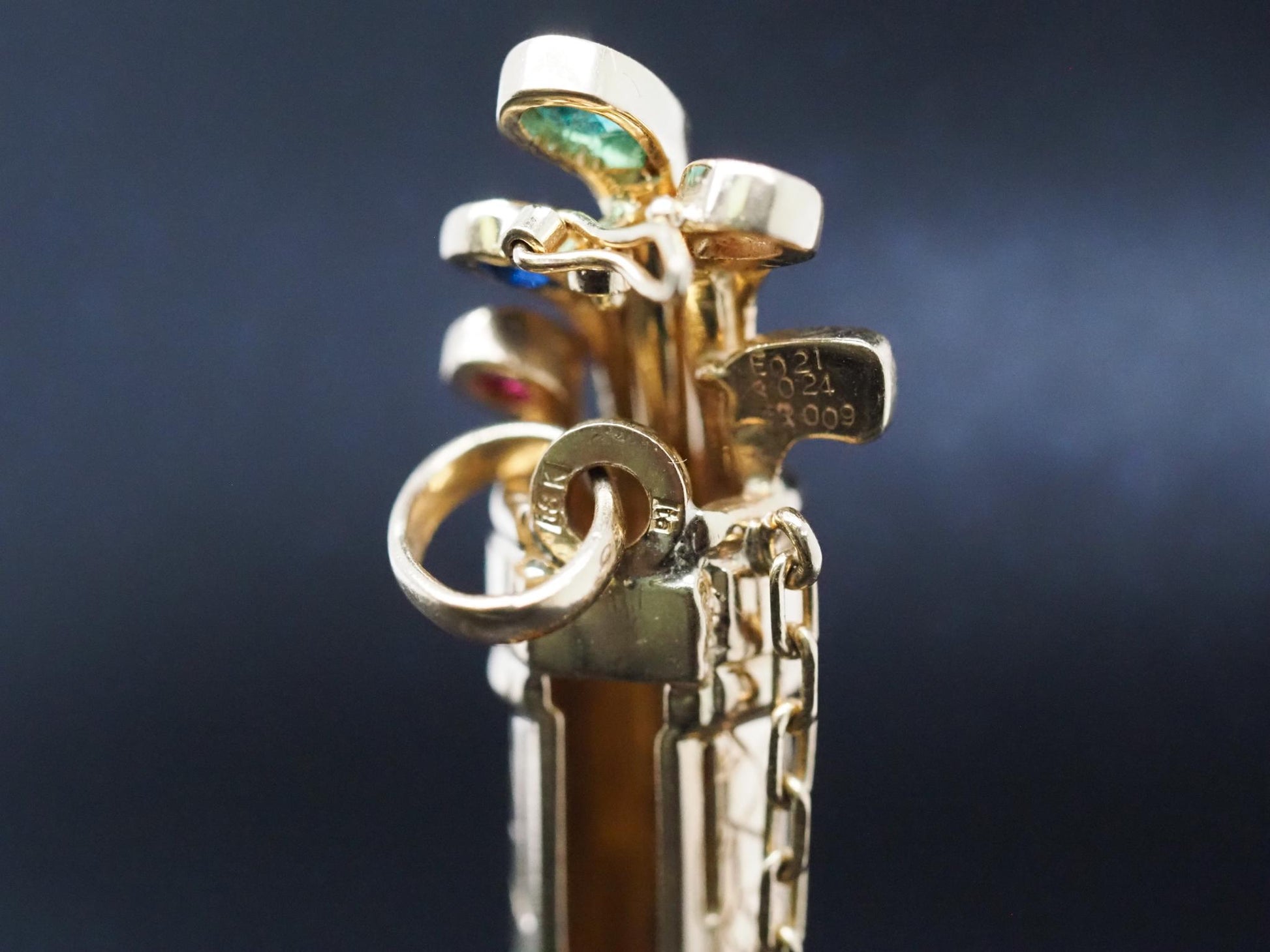 18K Yellow Gold Golf Caddy Pendant w Emerald, Sapphire, Diamond & Ruby - VHK#797