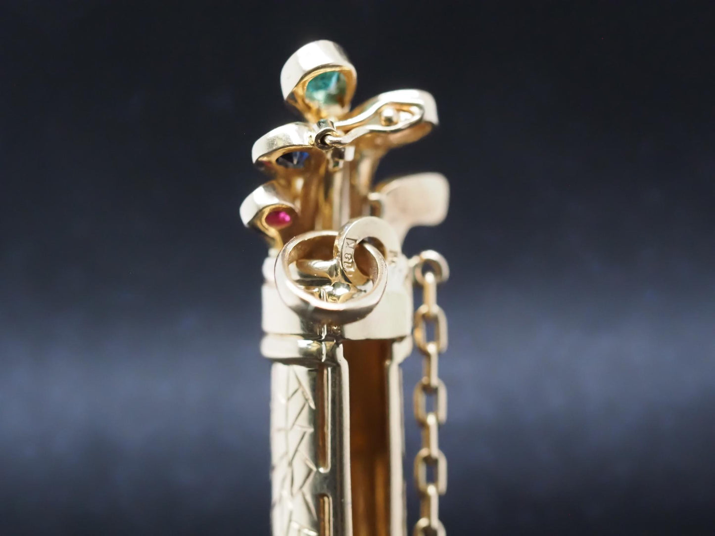 18K Yellow Gold Golf Caddy Pendant w Emerald, Sapphire, Diamond & Ruby - VHK#797