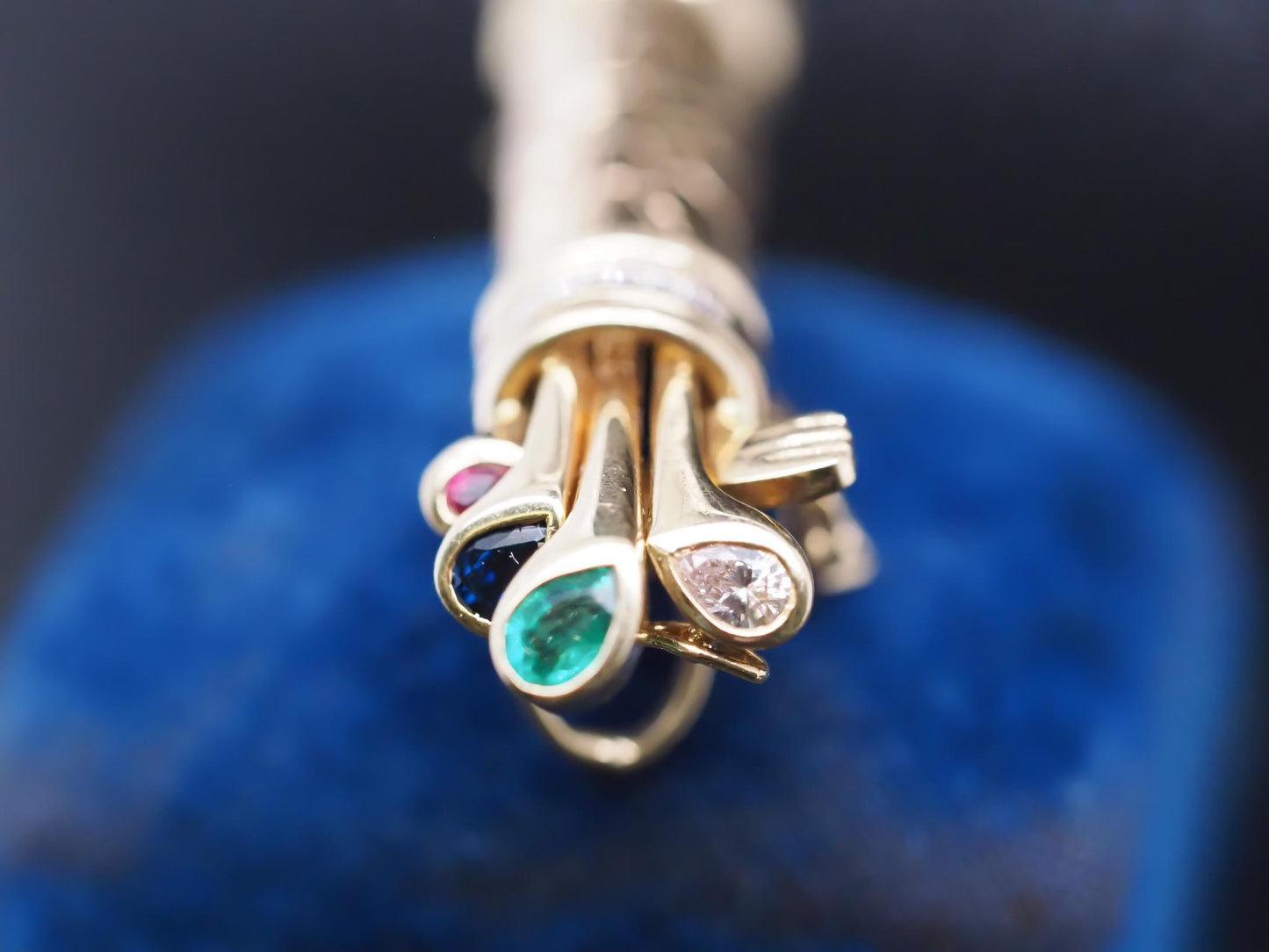 18K Yellow Gold Golf Caddy Pendant w Emerald, Sapphire, Diamond & Ruby - VHK#797