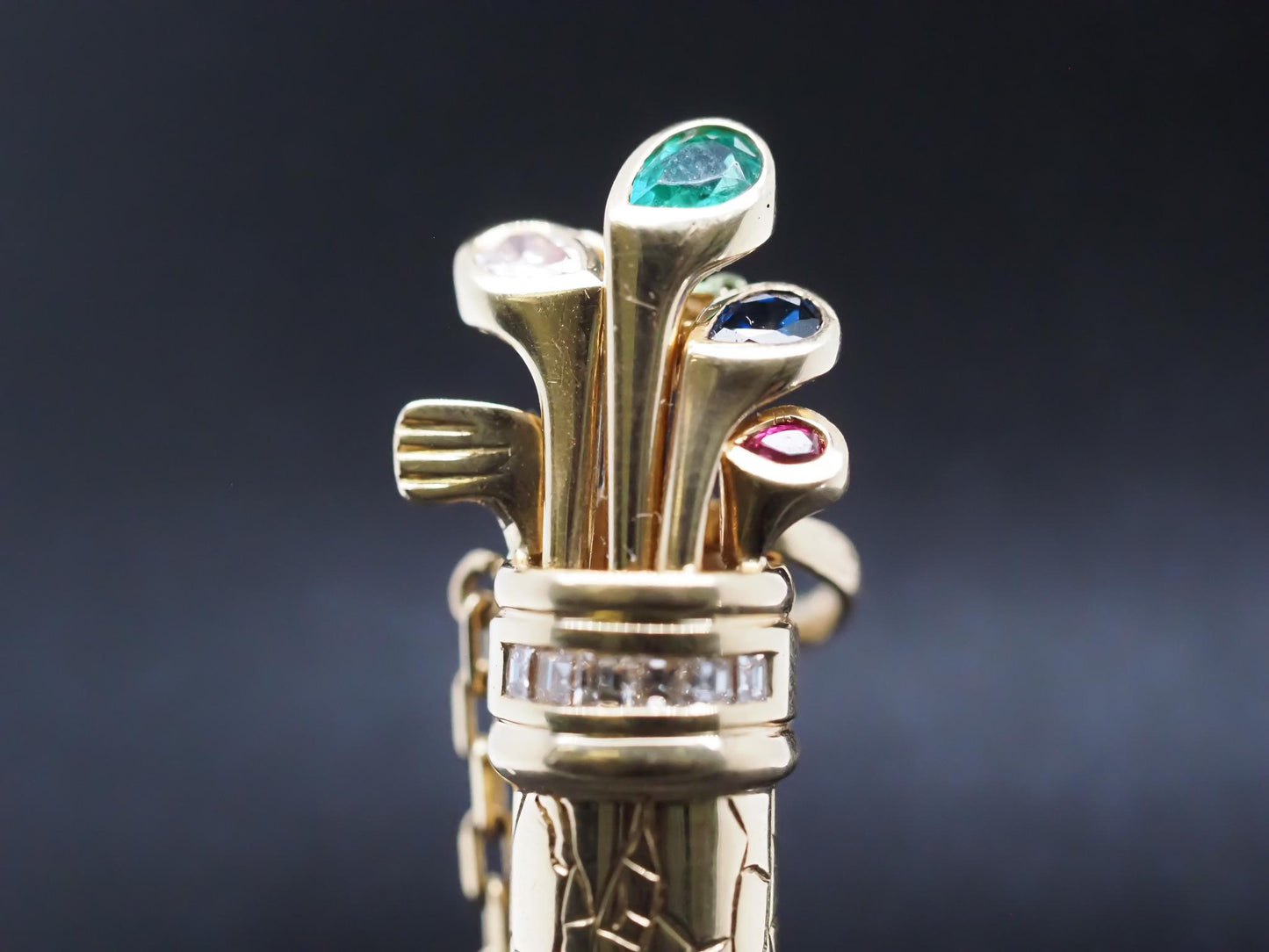 18K Yellow Gold Golf Caddy Pendant w Emerald, Sapphire, Diamond & Ruby - VHK#797