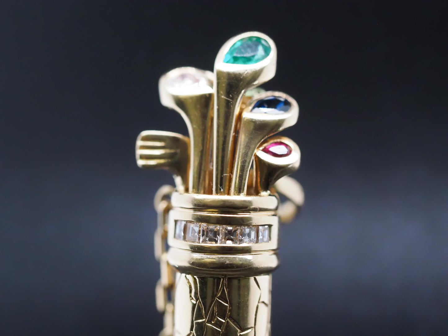 18K Yellow Gold Golf Caddy Pendant w Emerald, Sapphire, Diamond & Ruby - VHK#797