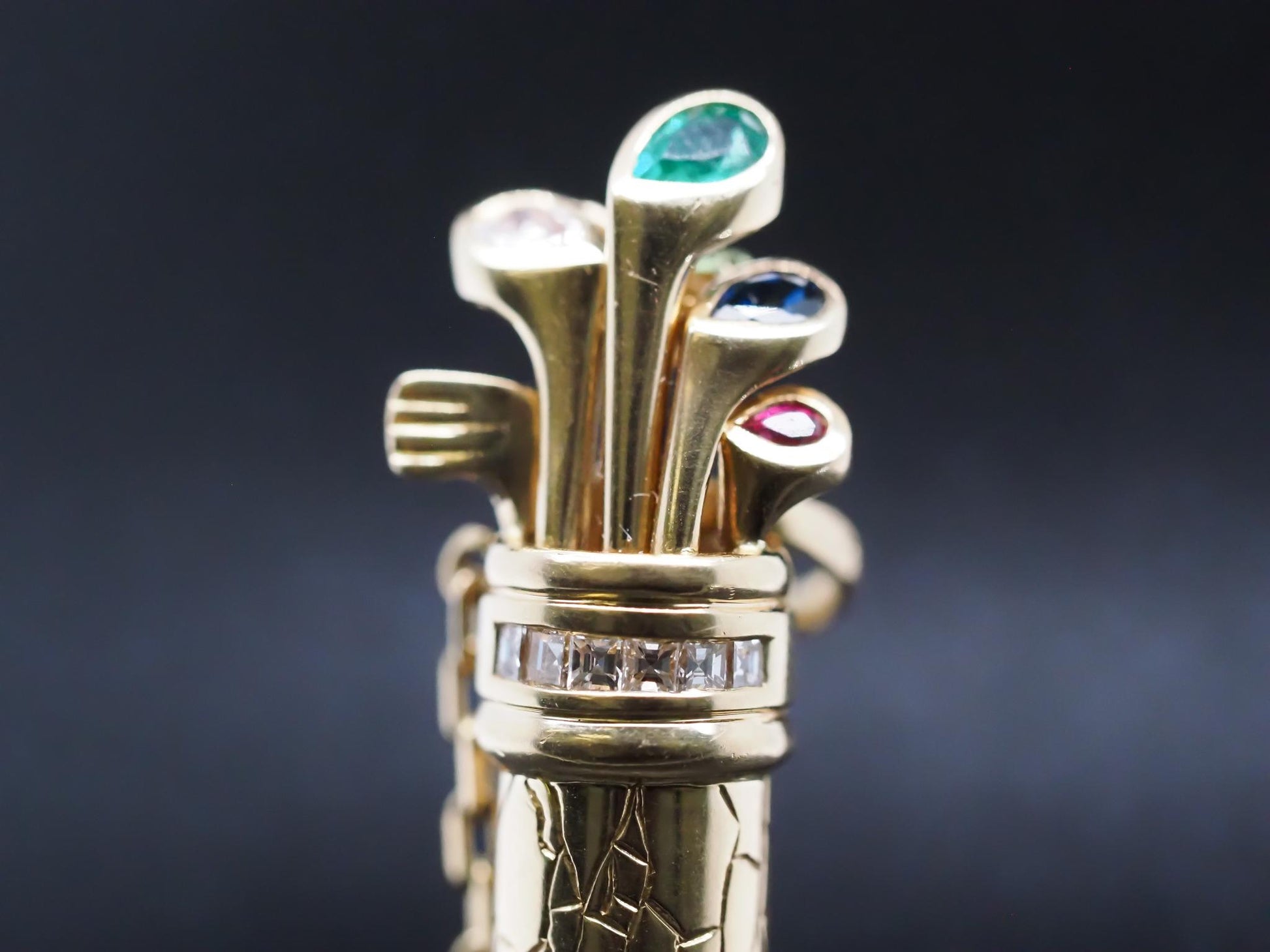 18K Yellow Gold Golf Caddy Pendant w Emerald, Sapphire, Diamond & Ruby - VHK#797