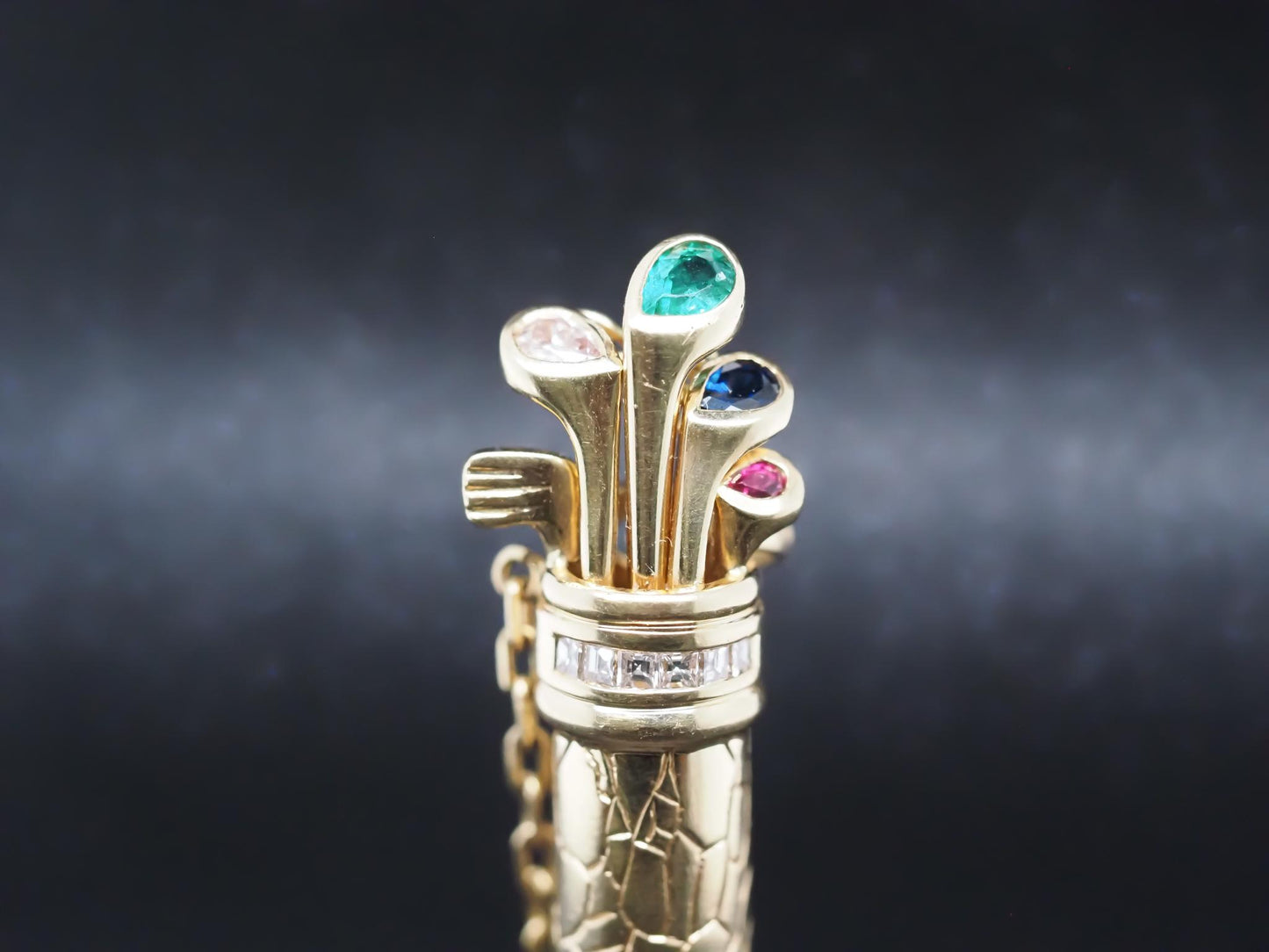 18K Yellow Gold Golf Caddy Pendant w Emerald, Sapphire, Diamond & Ruby - VHK#797