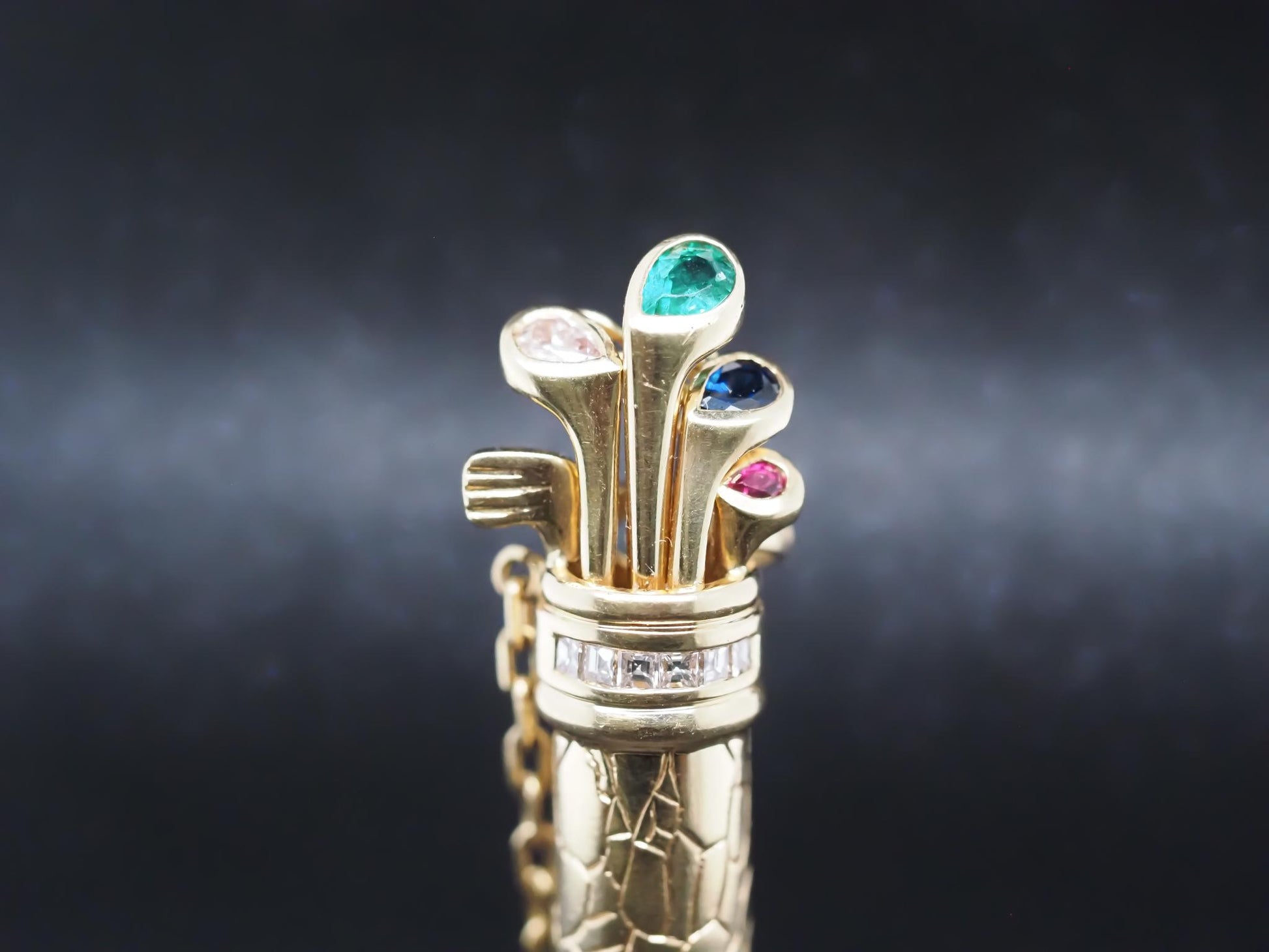 18K Yellow Gold Golf Caddy Pendant w Emerald, Sapphire, Diamond & Ruby - VHK#797
