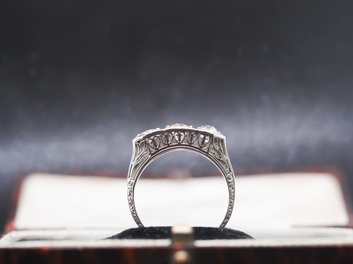 Platinum Art Deco 1920s Three Stone Ring with Sapphire Accents - VHK#813