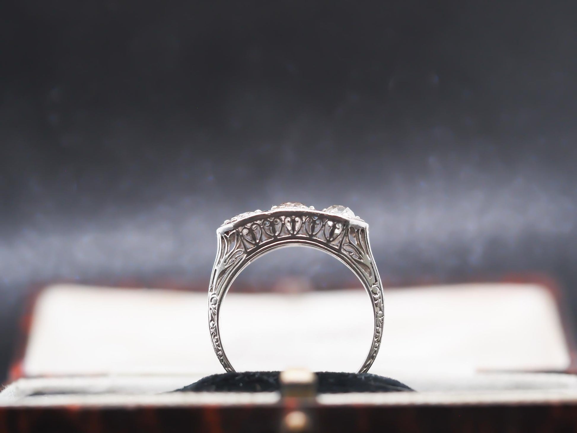 Platinum Art Deco 1920s Three Stone Ring with Sapphire Accents - VHK#813