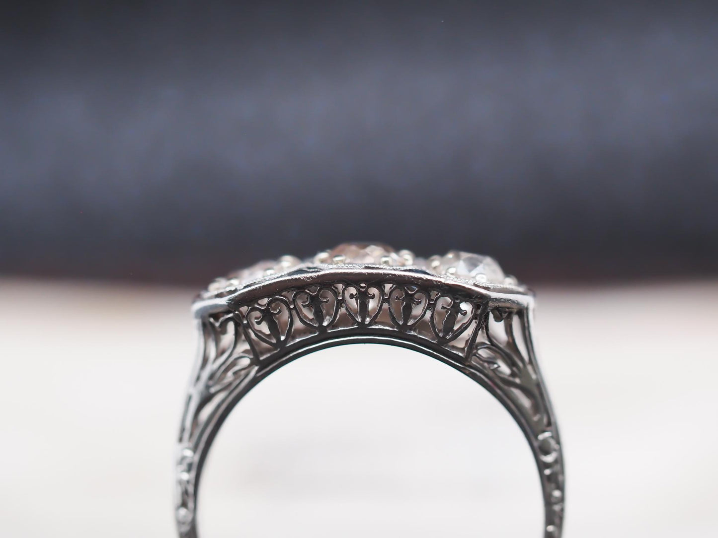 Platinum Art Deco 1920s Three Stone Ring with Sapphire Accents - VHK#813