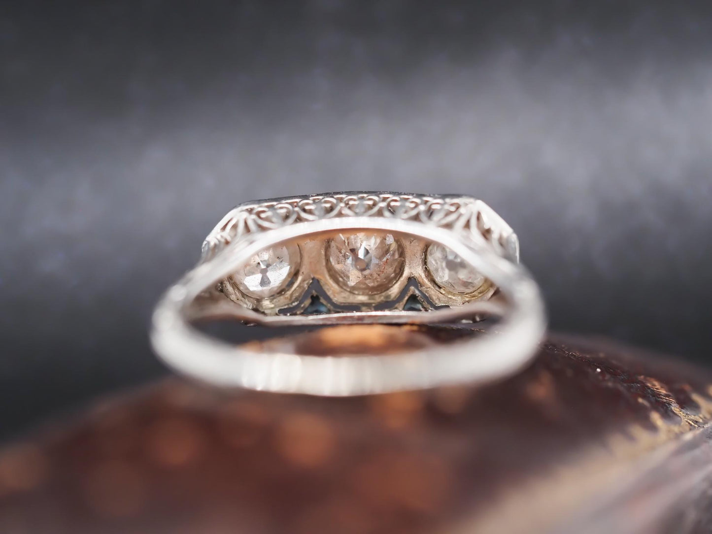 Platinum Art Deco 1920s Three Stone Ring with Sapphire Accents - VHK#813