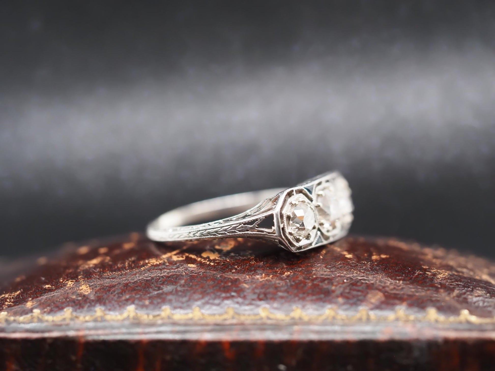 Platinum Art Deco 1920s Three Stone Ring with Sapphire Accents - VHK#813