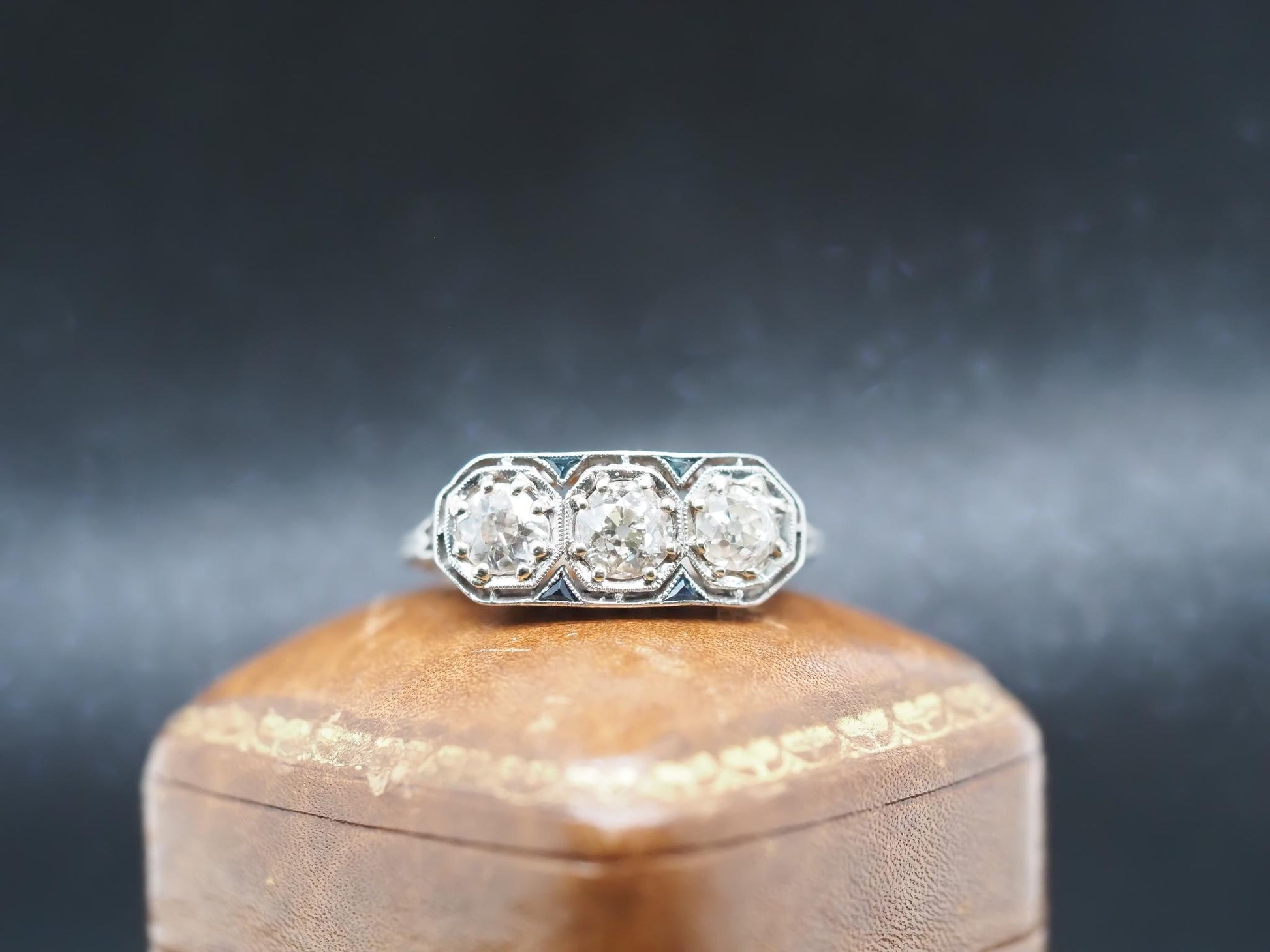 Platinum Art Deco 1920s Three Stone Ring with Sapphire Accents - VHK#813