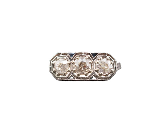 Platinum Art Deco 1920s Three Stone Ring with Sapphire Accents - VHK#813