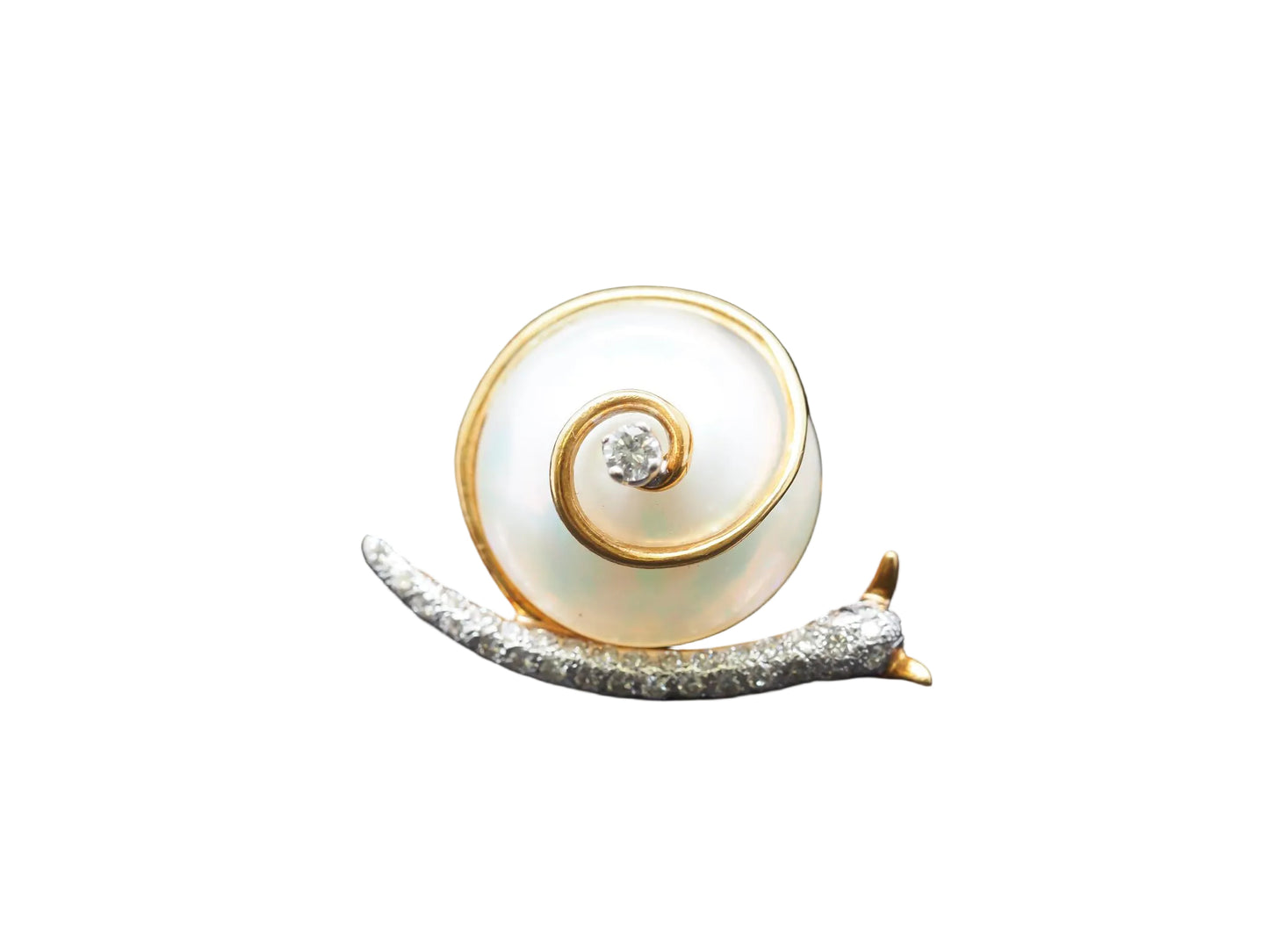 18K Yellow Gold Snail Brooch with Diamonds and Pearl - VHK#820