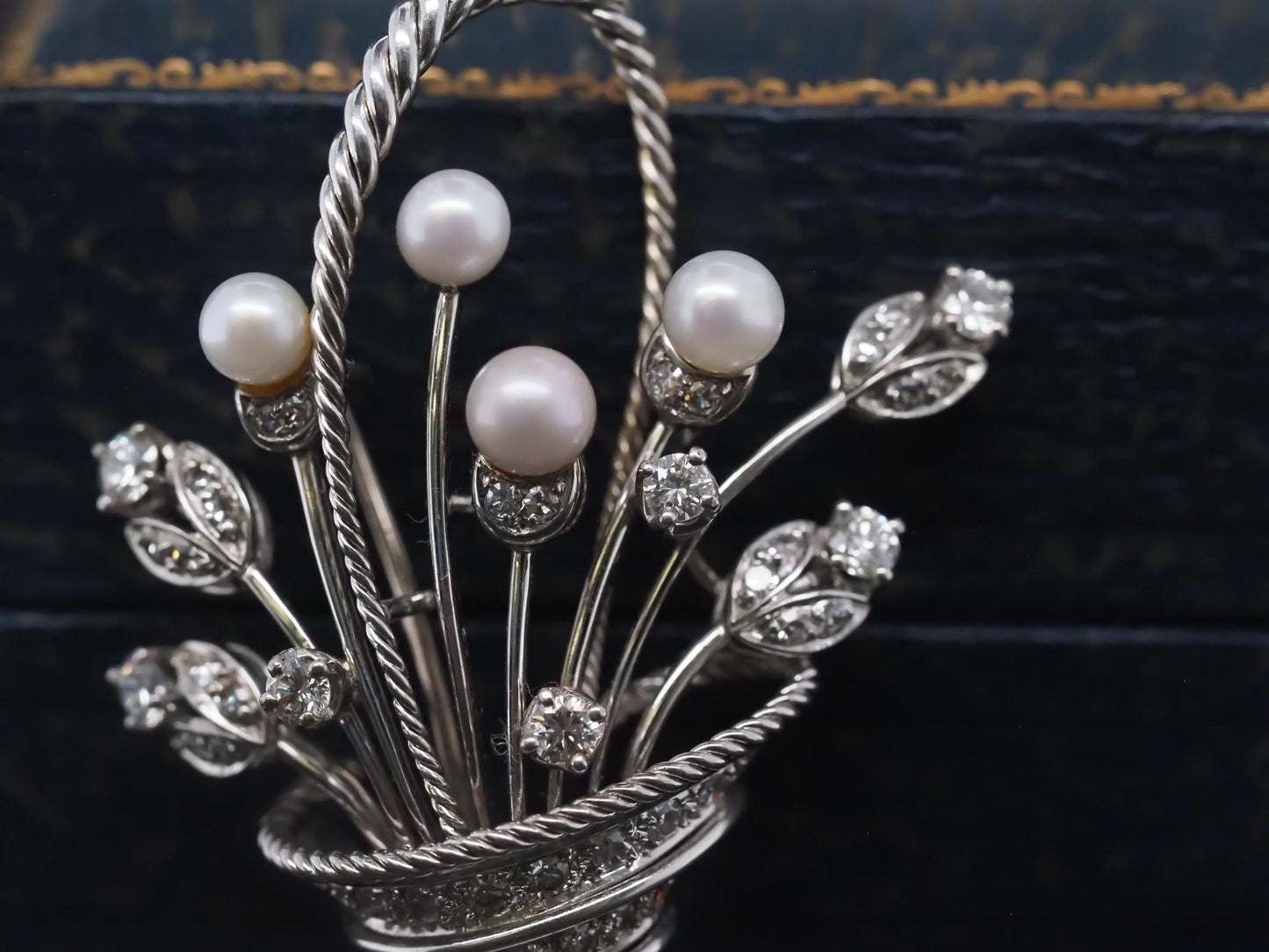 Vintage 18K White Gold Flower Boquet Brooch  Pearls and Diamond - VHK#850