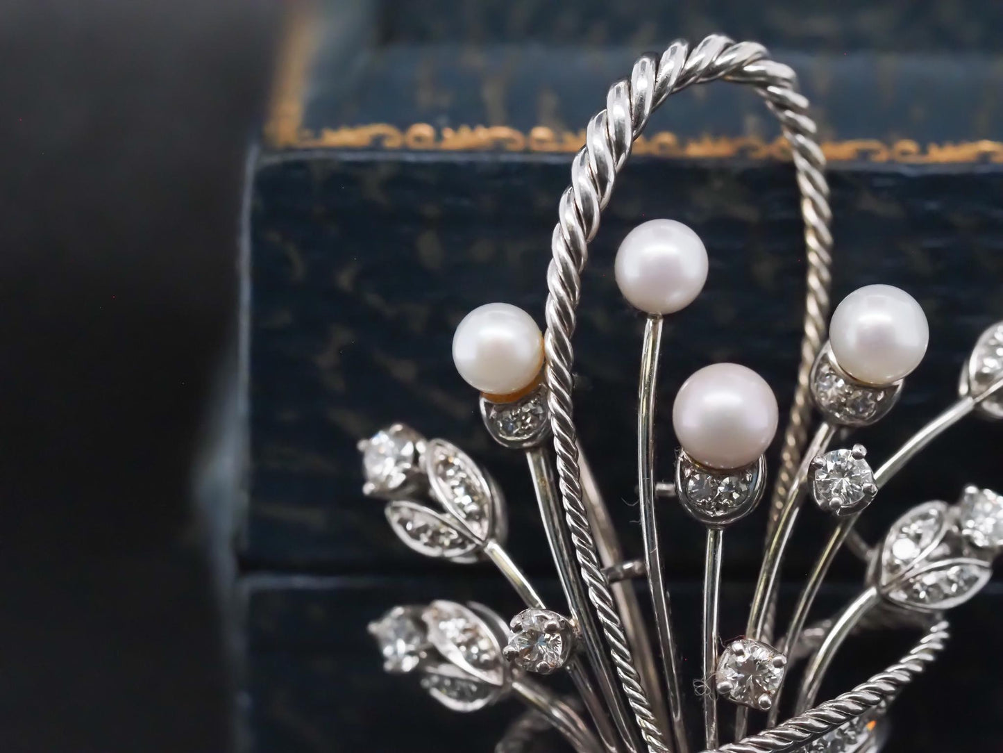 Vintage 18K White Gold Flower Boquet Brooch  Pearls and Diamond - VHK#850