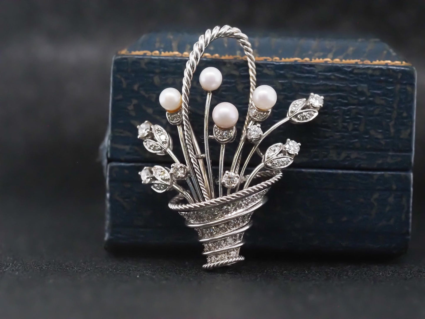 Vintage 18K White Gold Flower Boquet Brooch  Pearls and Diamond - VHK#850