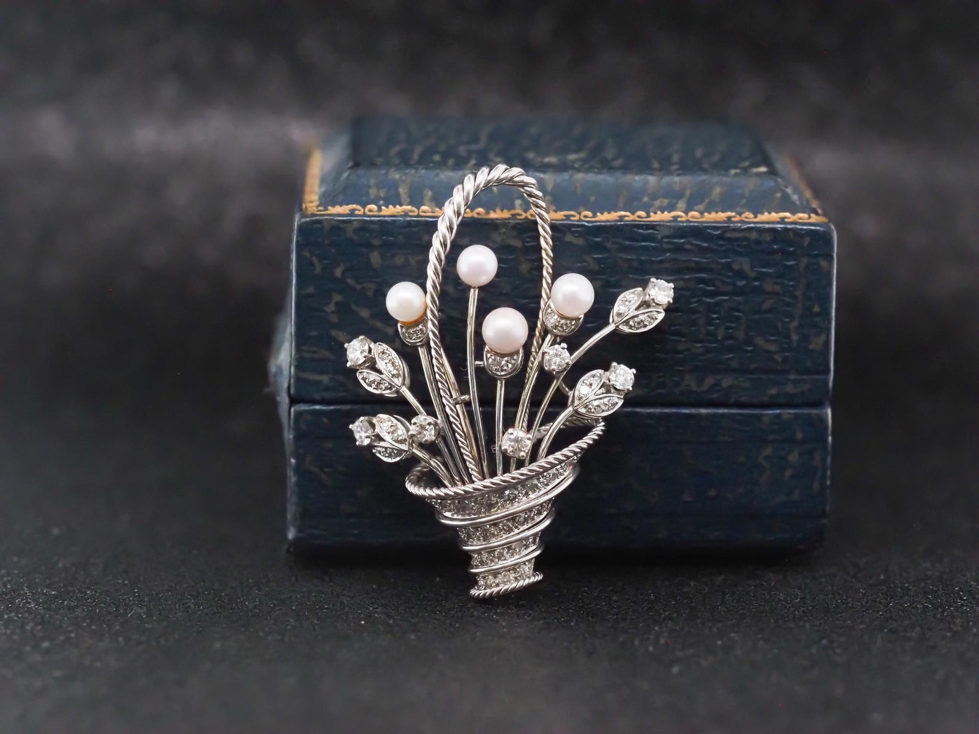 Vintage 18K White Gold Flower Boquet Brooch  Pearls and Diamond - VHK#850